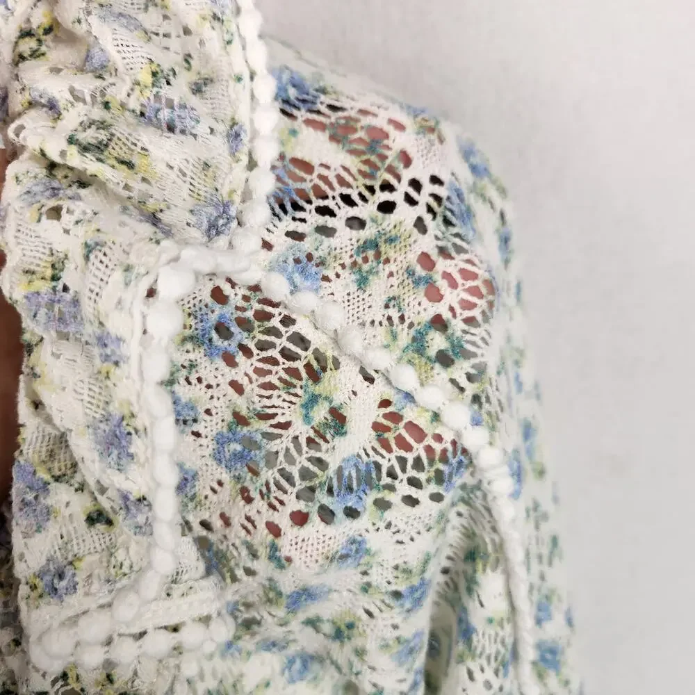 House of Harlow 1960 Floral Crop Blouse Womens M Blue Ruffle Cottagecore EUC - Picture 7 of 16